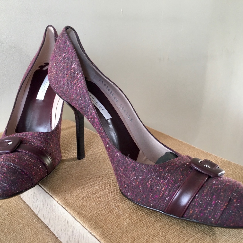 NIB Pollini Tweed Pumps 4" Heel Closed Toe Leather Buckle  EU 40 NEW